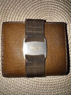 Salvatore Ferragamo Brown Textured Leather Wallet with Ribbon and Metal Plaque